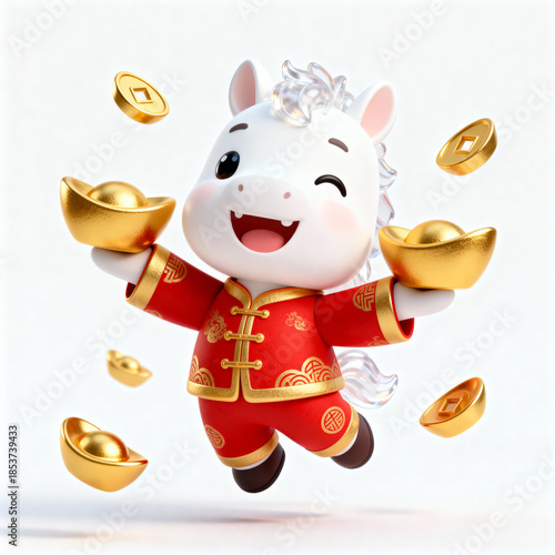 Cute horse chinese new year 3d character mascot in red traditional outfit jumps joyful with gold ingot around festive holiday celebration illustration on white background