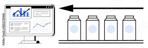 Manufacturing efficiency. Manufacturing displayed with data charts and an automated conveyor line. Manufacturing connects production with performance data. For industry, factories, automation