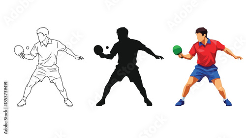 Table tennis player poses set line art, silhouette and full color illustrations of serving or hitting