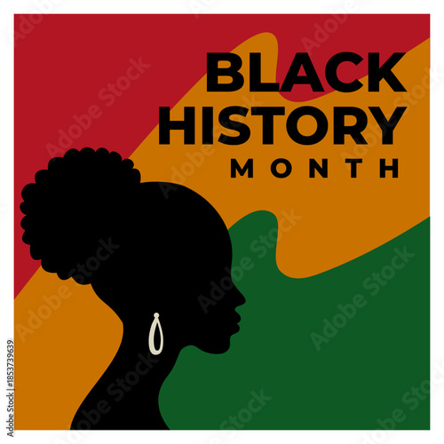 Elegant female silhouette for Black History Month with red, gold and green background. A bold design celebrating Black identity, feminism, empowerment and cultural awareness.