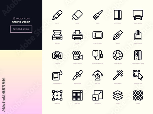 Graphic Design Line Icons - Tools, Techniques and Materials. 