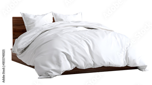 White duvet bed with pillows isolated on transparent background