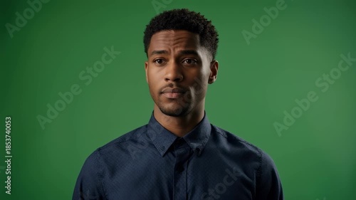 Serious Man in Studio with Green Screen Background.
