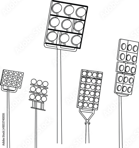 Stadium floodlight pole set, outdoor arena sports lighting tower illustrations, for football and stadium events