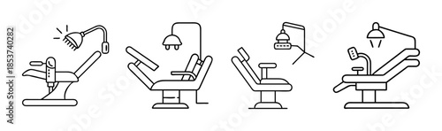 Set of outline icons representing various dental chairs with adjustable lights for patient care