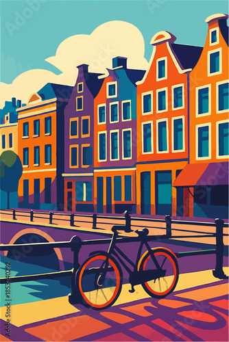 European Canal Street With Bicycle Illustration