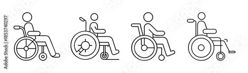 Four distinct line art icons depicting a person seated in a wheelchair, illustrating various designs