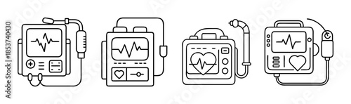 Outline icons depicting essential medical devices for heart monitoring and patient care.