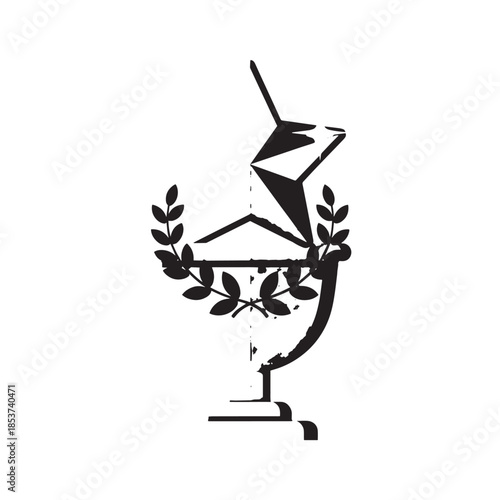 Vintage scientific illustration of a laboratory microscope surrounded by laurel leaves and botanical motifs.