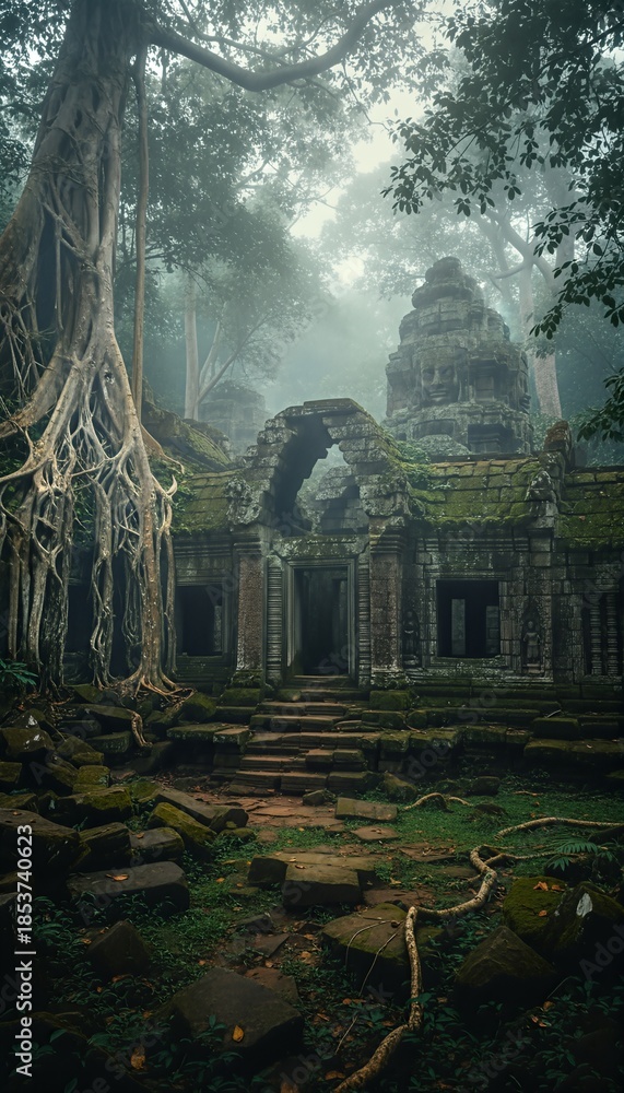 Obraz premium Ancient temple ruin overgrown by giant tree roots stands majestically amidst a mystical foggy jungle landscape, evoking a sense of timeless mystery and historical grandeur.