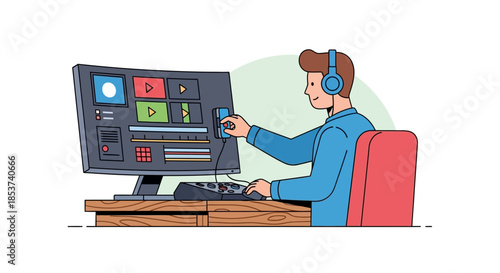 Man Wearing Headphones Working on Computer.