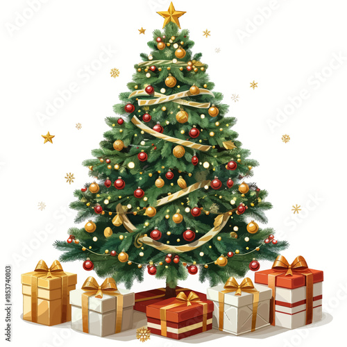 Happy Christmas Tree Vector With Gifts And Snowflakes On White Background