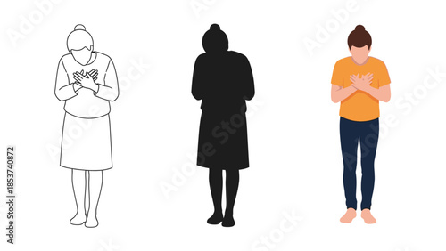 Woman bowing deeply in gratitude or apology, shown in three styles line art, silhouette and full color illustration