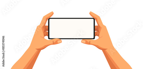 Hand holding smartphone to take photo. Mobile device with camera ready to shoot. Cartoon flat art style illustration. Vertical  and horizontal screen mockup for social media content.