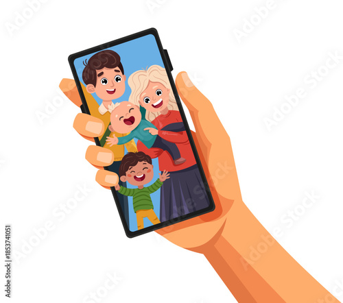 Happy family taking selfie photo together with smartphone. Parents and kids smiling, capturing memories. Colorful vector illustration of modern phone photography moment.