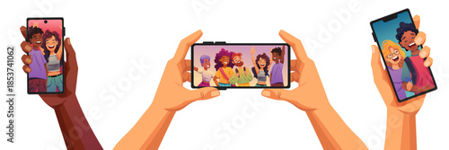 Cheerful young people capturing group selfie moment, smiling friends embracing while holding mobile device, flat vector illustration of social media photography concept