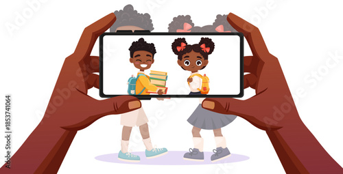 Happy African American kids going to school taking selfie photo together with smartphone. Parents and kids smiling while capturing memories. Colorful vector illustration of modern photography moment.
