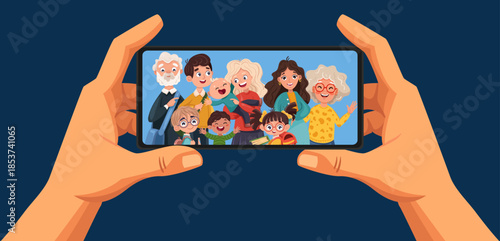 Happy family taking photo together with smartphone. Parents, grandparents and kids smiling while capturing memories. Colorful vector illustration of modern photography moment.