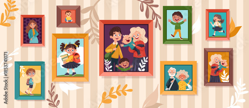 Family photos with Parents and kids portrait in frames. Memory pictures with grandparents, children. Vector cartoon illustration