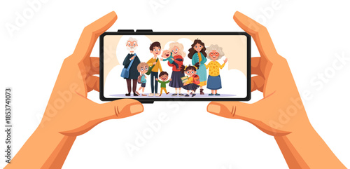 Happy family taking photo together with smartphone. Parents, grandparents and kids smiling while capturing memories. Colorful vector illustration of modern photography moment.