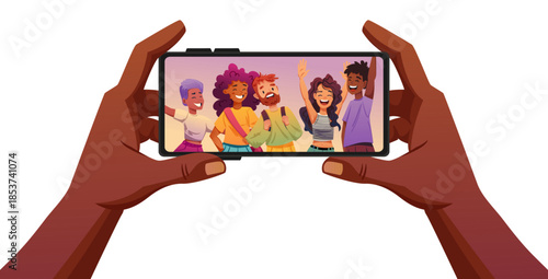 Cheerful young people capturing group selfie moment, smiling friends embracing while holding mobile device, flat vector illustration of social media photography concept