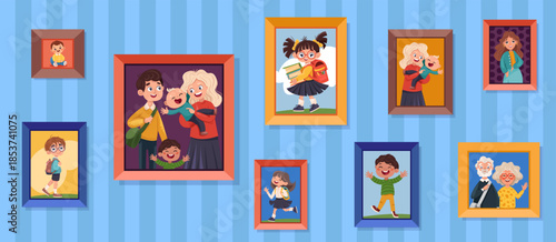 Family photos with Parents and kids portrait in frames. Memory pictures with grandparents, children. Vector cartoon illustration