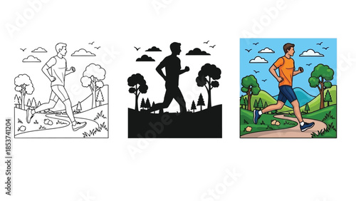 Man running outdoors in nature, illustration set showing line art, silhouette and full color versions of a jogger exercising in a park or forest setting