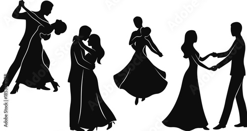 Couples dancing together, elegant ballroom dance silhouettes, romantic partners movement, social dancing poses, love and relationship concept, celebration, graceful motion illustration