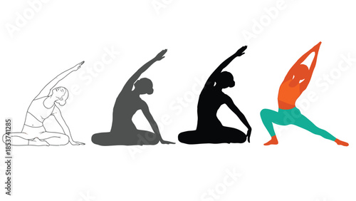 Set of four yoga poses showing evolution from sketch to colored silhouette seated side bend and crescent lunge variations