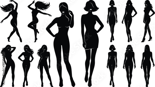 Fashion female silhouettes collection showing stylish women poses isolated on white background elegance beauty confidence glamour illustration set for design branding stock