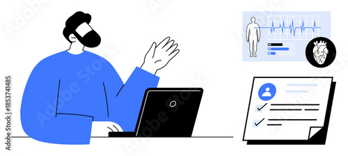 Male figure interacting with laptop while analyzing digital medical charts, patient details, and heart health reports. Ideal for telemedicine, diagnostics, technology, health, analysis, education