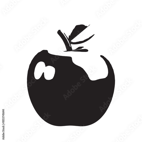 Silhouette of a bitten apple with a leaf on a clean white background.