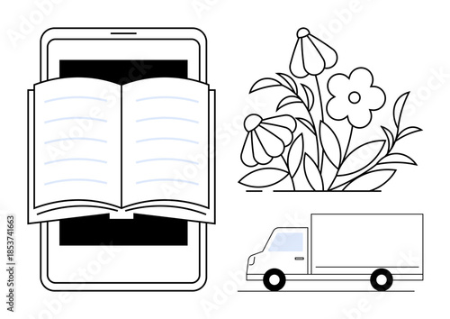 Online education, sustainability ideas, mobile technology, logistics, digital learning, eco-friendly design. Open book on a smartphone, flowers and a delivery truck. Online education