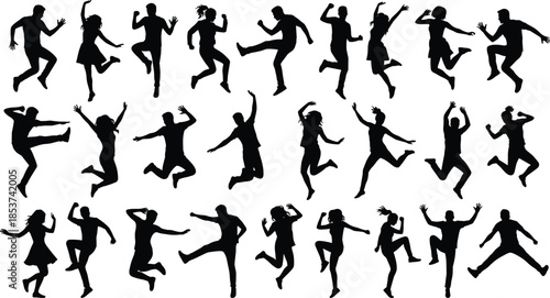 Silhouettes of dynamic human poses, jumping, dancing, kicking, gesturing, black figures, expressive movement, posture variety, motion study, animation reference, white background