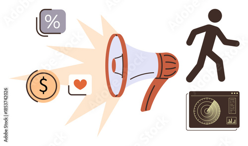 Megaphone amplifying symbols for percentage, dollar sign, heart, analytics dashboard, and walking person. Ideal for marketing, promotion, audience reach, branding data analysis campaigns outreach