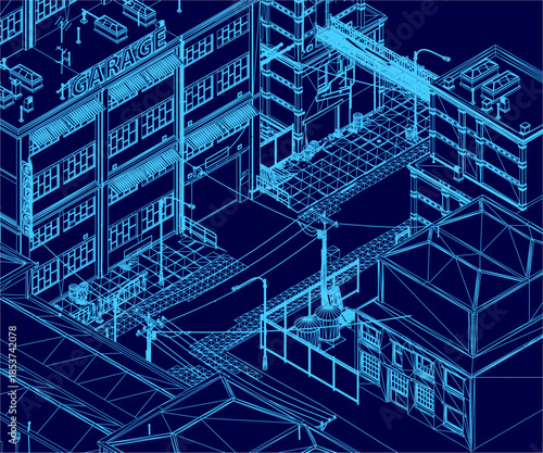 Abandoned factory blueprint with detailed architectural contours, windows, support poles, and structural elements on a classic technical drawing blue background. Isometric view