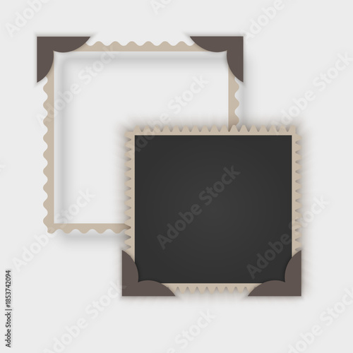 Vintage blank photo frame with scalloped edges and corner holders, vector illustration isolated on white