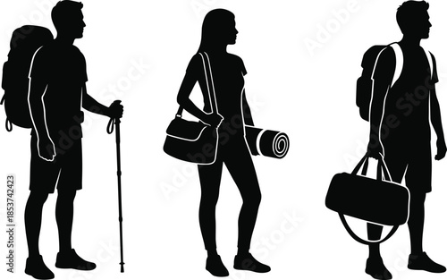 Silhouettes of outdoor travelers, hiking gear, backpack, duffel, shoulder bag, walking stick, camping mat, black figures, travel styles, white background