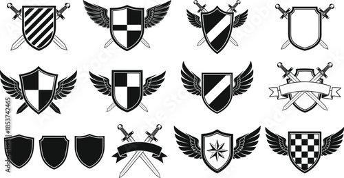 Set of medieval heraldic shield icons with crossed swords and wings black and white crest symbols for logo design.