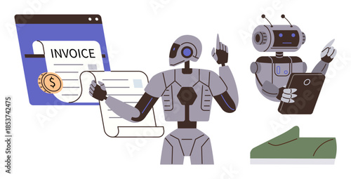 Robots process financial invoices, analyze data on screens, and execute tasks efficiently. Ideal for automation, AI, finance, robotics, technology innovation task optimization. Simple flat metaphor