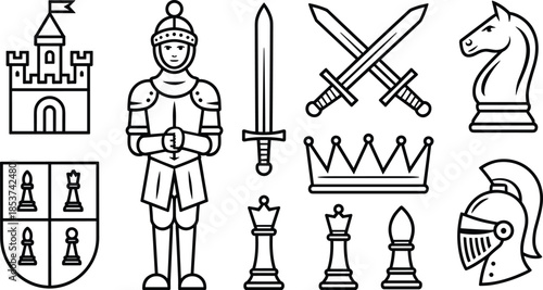 Line art vector illustration set featuring medieval knight armor chess pieces crossed swords castle fortress and royal crown icons.