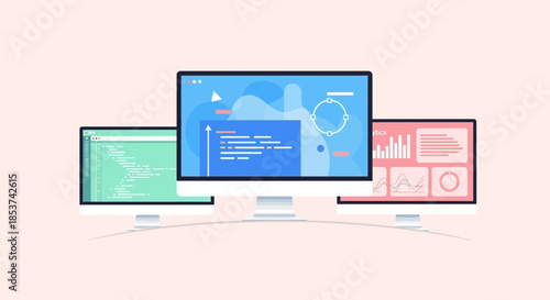 Multiple Computer Monitors Displaying Various Screens.