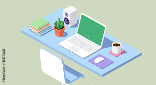Modern Office Desk with Laptop and Accessories.