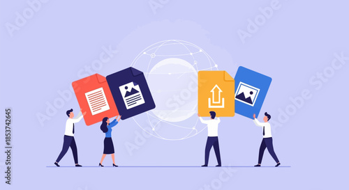 People Carrying Large Digital Icons Together.