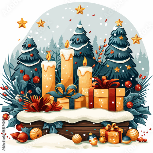 Merry Christmas Vector Illustration with Festive Trees and Gifts