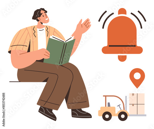 Man reading open book while pointing and talking, large notification bell, forklift moving boxes, and location pin. Ideal for education, logistics, alerts, productivity, storytelling transport