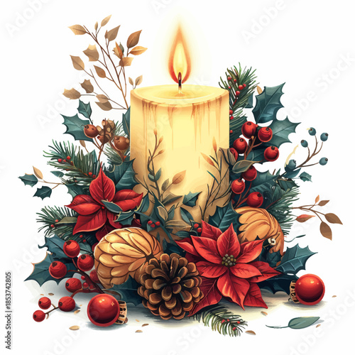 Christmas Candle Vector Art with Poinsettias and Pine Cones