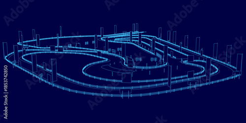 A detailed blueprint of a complex race track contour features distinct sections for high-speed and drift maneuvers against a solid blue background.