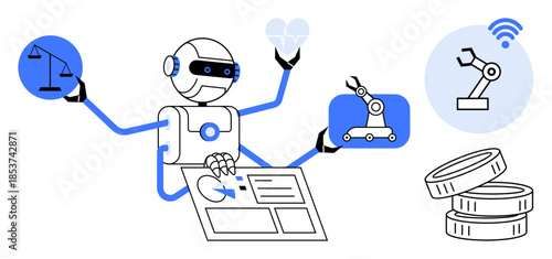 Automation, robotics, finance, decision-making, technology, innovation. Robot managing tasks with icons balance, innovation robotics and finance. Automation and robotics concept