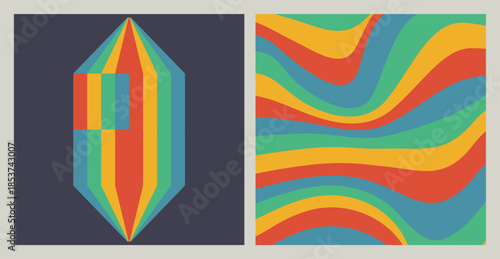 Groovy Retro Colorful Prints with Wavy Swirls, Trippy Rainbow Backgrounds in 70s Hippie Style, Liquid Psychedelic Prism Colors. Perfect for posters, covers, wallpapers, bold graphic design projects. 